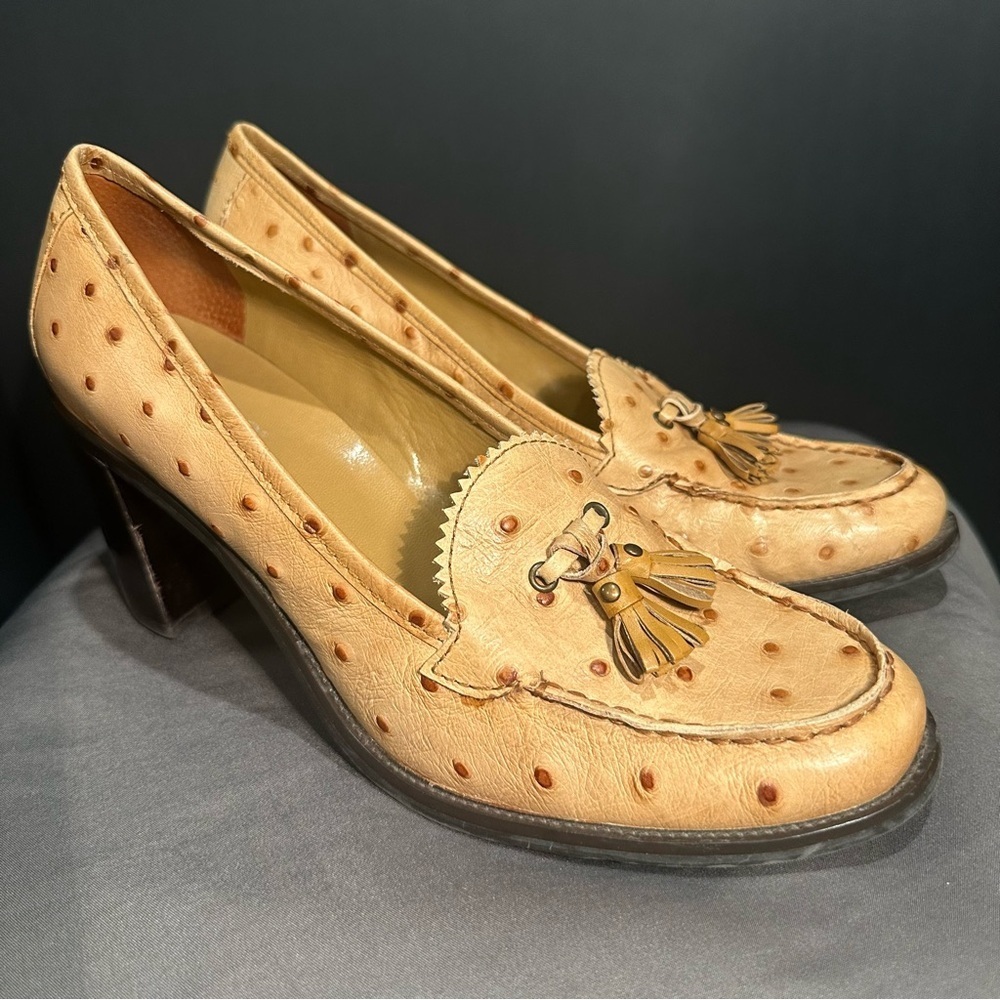 Franco Sarto Tan Heeled Loafers with Tassels